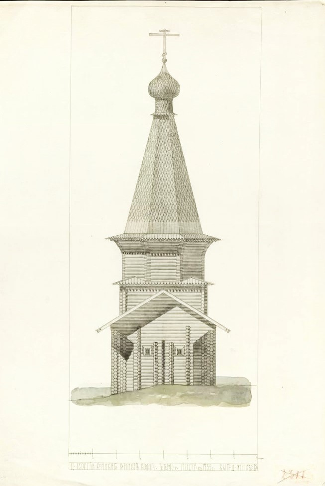 Церковь Георгия Победоносца (старая), Илезский Погост (Тарногский район, Вологодская область). графика, Восточный фасад. Обмерный чертёж Милеева Дмитрия Васильевича начала XX в. из фондов Музея при Российской академии художеств. (ГК № 20396727)