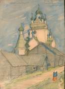 Храмовый комплекс Турчасовского погоста, Церкви посада Турчасово. Рисунок В. Г. Постникова, 1923 г. Архангельский краеведческий музей, АОКМ КП-8500/11<br>, Посад (Турчасово), Онежский район, Архангельская область