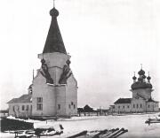 Храмовый комплекс. Церкви Климента, Папы Римского, и Вознесения Господня, Вид с села, с юго-востока. Фотография 1910-х гг, из фондов Государственного музея архитектуры им. Щусева.<br>, Пияла, Онежский район, Архангельская область