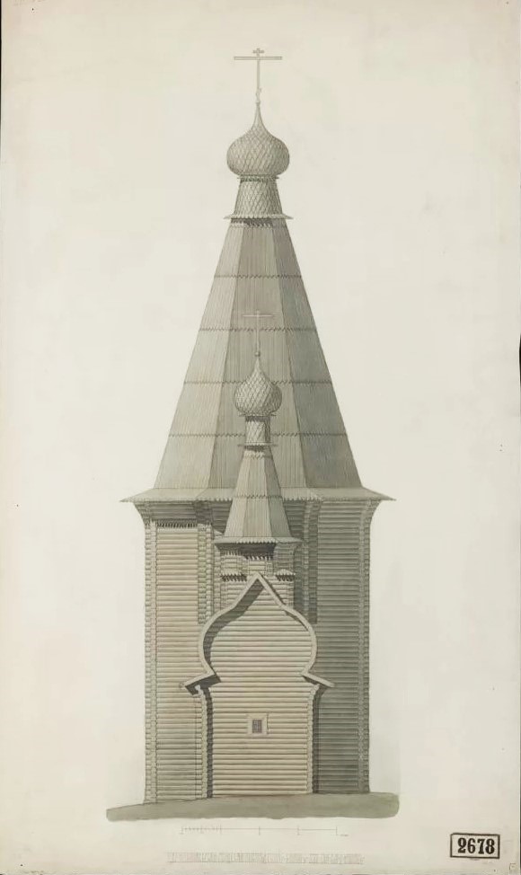 Церковь Николая Чудотворца, Астафьево, урочище (Каргопольский район, Архангельская область). графика, Восточный фасад. Обмерный чертёж Д. В. Милеева  начала XX в. из фондов  Музея при Российской академии художеств. (Музейный № А-4272)