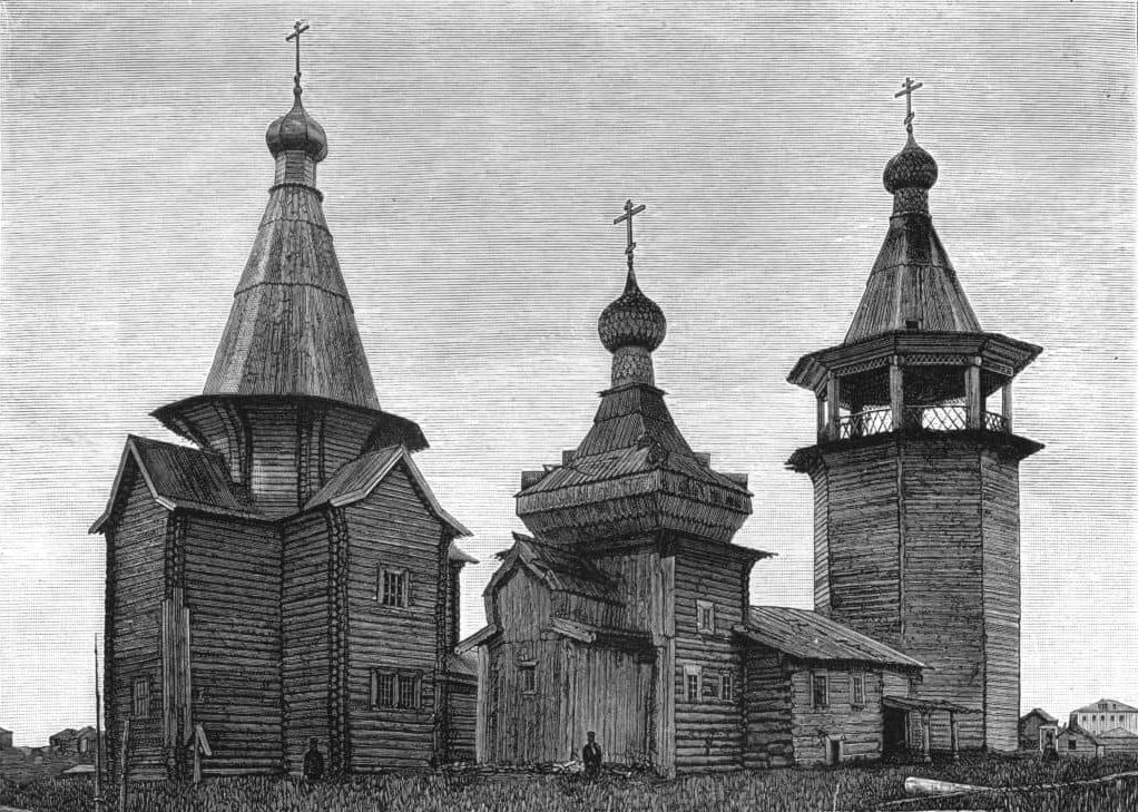 Храмовый комплекс Шуерецкого погоста, Шуерецкое (Беломорский район, Республика Карелия). архивная фотография, Деревянные церкви XVII в. в селе Шуя, гравюра по фотографии В.В. Суслова 1886 г. Из книги Суслов В.В. «Путевые заметки о севере России и Норвегии», СПб. 1889 г.