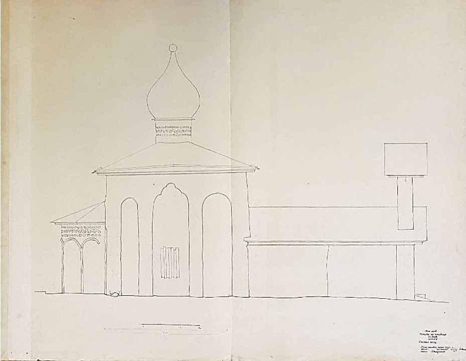 Церковь Никиты мученика (Гусятника), Псков (Псков, город, Псковская область). графика, Северный фасад. Обмерный чертёж Антипова И.П., Воронкова Л.Н., Гришина П.Т. 1937 г. из фондов ГНИМА. (ГК № 56540921)