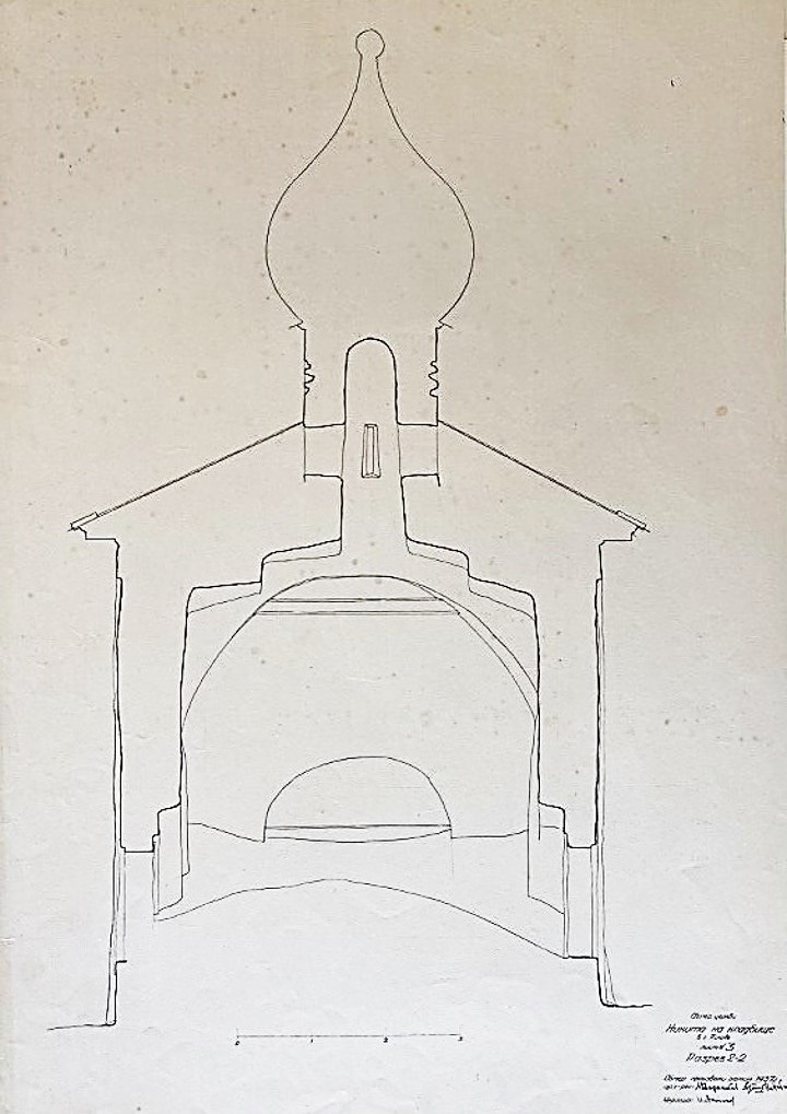 Церковь Никиты мученика (Гусятника), Псков (Псков, город, Псковская область). графика, Поперечный разрез. Обмерный чертёж Антипова И.П., Воронкова Л.Н., Гришина П.Т. 1937 г. из фондов ГНИМА. (ГК № 56541004)