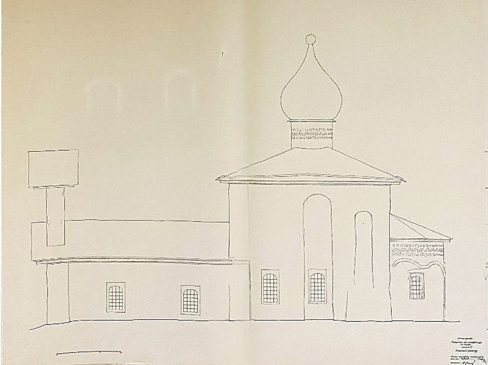 Церковь Никиты мученика (Гусятника), Псков (Псков, город, Псковская область). графика, Южный фасад. Обмерный чертёж Антипова И.П., Воронкова Л.Н., Гришина П.Т. 1937 г. из фондов ГНИМА. (ГК № 56540919)