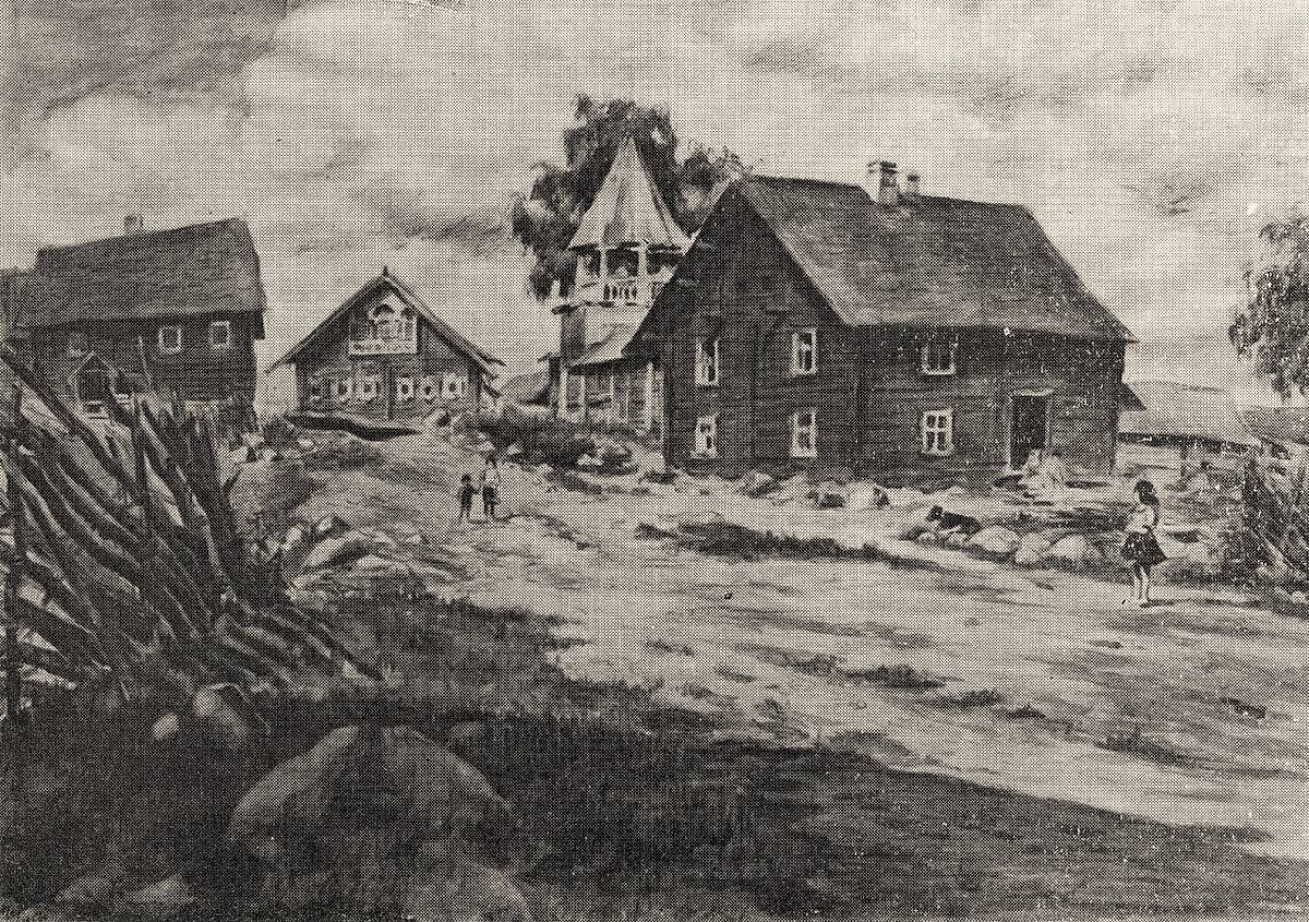 Часовня в Гомсельге на рисунке И.В. Черных 1951 г.  МИИРК, графика. Неизвестная часовня (утраченная), Гомсельга (Кондопожский район, Республика Карелия)