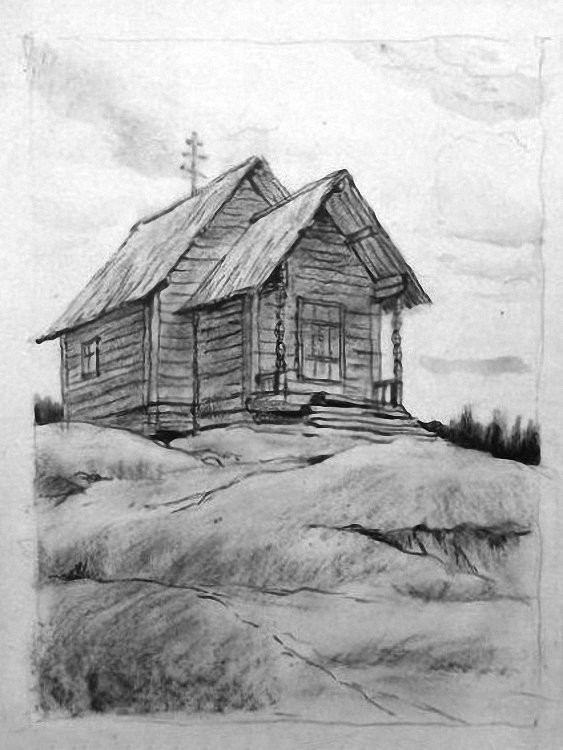 Часовня Димитрия Солунского в д. Верхний Конец, Мегрега (Олонецкий район, Республика Карелия). архивная фотография, Рисунок 1946 года из фондов Государственного научно-исследовательского музея архитектуры имени А.В. Щусева