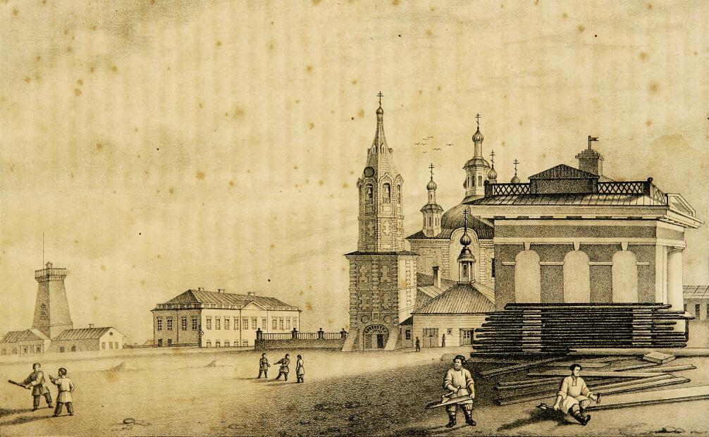 Собор Рождества Христова, Грязовец (Грязовецкий район, Вологодская область). графика, Вид на Соборную площадь в Грязовце. Литография 1845 года из книги И.И. Пушкарева 