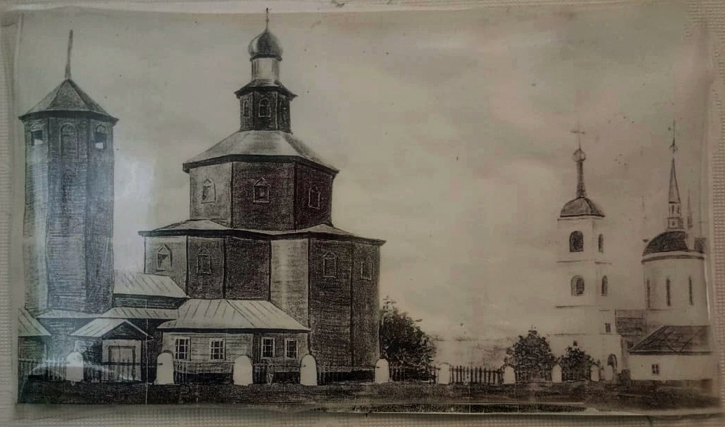 Церковь Александра Невского (старая), Успенское (Вяземский район, Смоленская область). графика, Храм в нач. ХХ в. (справа) Рисунок из фондов местного музея