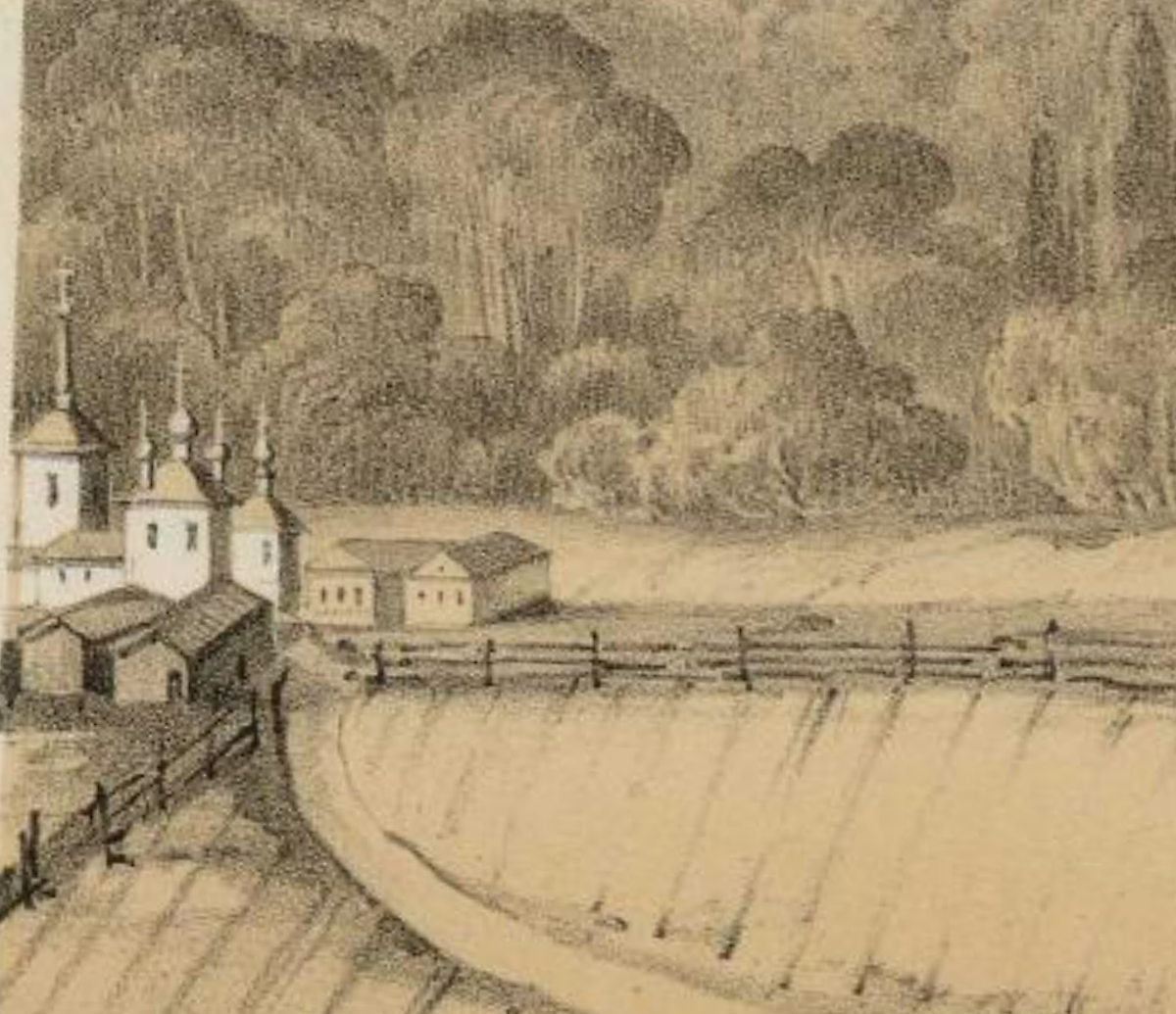 Церковь села Исакова. Фрагмент литографии 1877 г. из фондов РГБ, графика. Церковь Николая Чудотворца, Исаково, урочище (Первомайский район, Ярославская область)