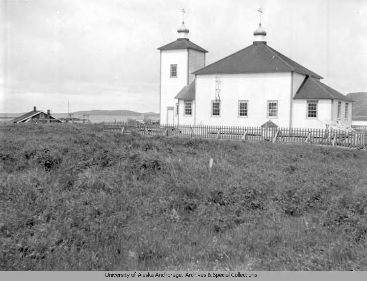 Церковь Николая Чудотворца, Никольский (Nikolski) (Аляска, США). архивная фотография, Фото 1938 года. Автор Alan G. May