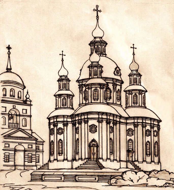 Церковь Рождества Христова, Харьков (Харьков, город, Украина, Харьковская область). архивная фотография, Предшественница существующего каменного храма - деревянная Христорождественская церковь и отдельно стоящая колокольня (1735 г.п.). Схематический план 1742 г. Реконструкция А. Парийского. Единственное изображение, фотографий этого периода нет 