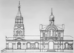 Церковь Успения Пресвятой Богородицы, Плаи (Демидовский район, Смоленская область). графика, Фасад Успенского храма. Архивный чертеж. 1887