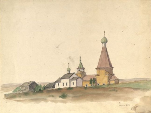Храмовый комплекс Залывского погоста. Церкви Успения Пресвятой Богородицы (шатровая) и Входа Господня в Иерусалим (клетская), Лыжино (Холмогорский район, Архангельская область). архивная фотография, рисунок Степана Григорьевича Писахова, 1920 год