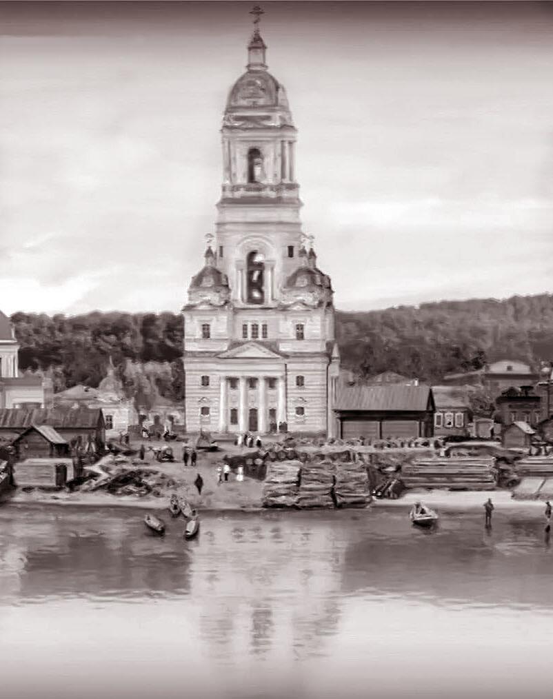 Фото колокольни после реконструкции 1905 г. Из альбома "Старый Сарапул"., архивная фотография. Церковь Петра и Павла в колокольне церкви Покрова Пресвятой Богородицы, Сарапул (Сарапульский район и г. Сарапул, Республика Удмуртия)