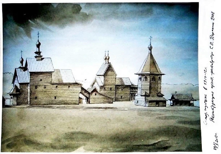 Троице-Благовещенская Синозерская пустынь, Пустынь (Чагодощенский район, Вологодская область). графика, Реконструкция пустыни на 1910-1912 гг. Вид с севера. Проект архитектора-реставратора Е.П. Варакина