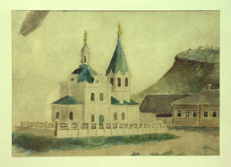 Церковь Казанской иконы Божией Матери, Тесь (Минусинский район, Красноярский край). архивная фотография, 1868 год. Рисунок Василия Ивановича Сурикова из фондов Красноярского краевого краеведческого музея 