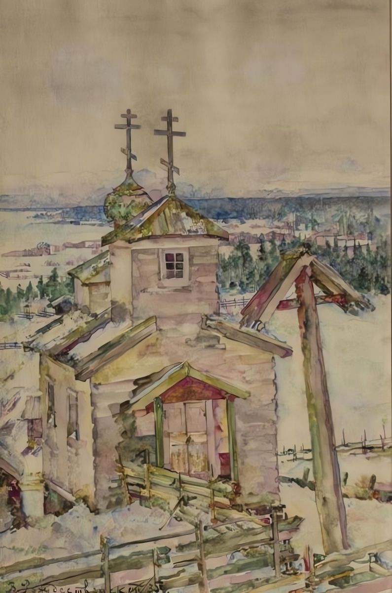 Часовня Георгия Победоносца, Труфанова (Пинежский район, Архангельская область). графика, Часовня и звонница в 1935 году. Рисунок В. В. Рождественского, Иркутский художественный музей.