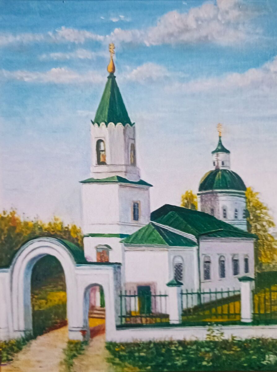 Церковь Воскресения Христова, Мансурово (акватория Куйбышевского водохранилища) (Лаишевский район, Республика Татарстан). архивная фотография, Картина Ю.М.Депутатова. Из книги В.П.Шабернева «История села Мансурова» Казань- 2024 г