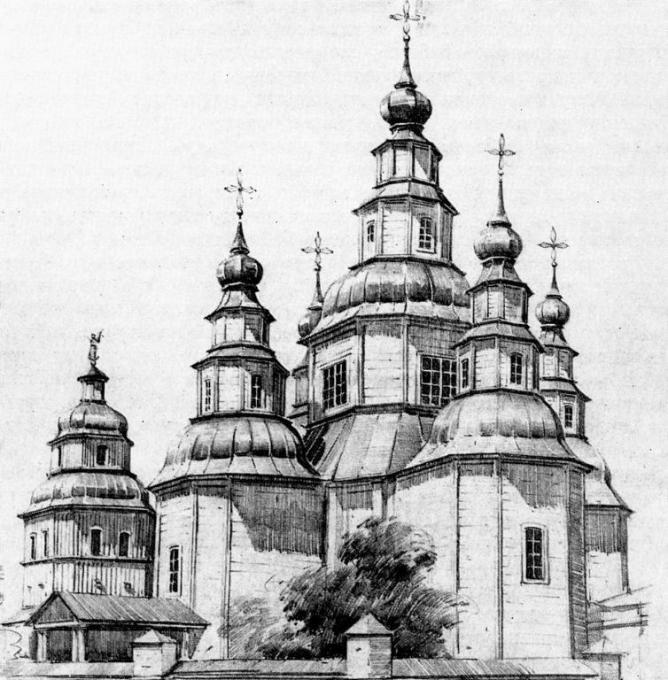 Церковь Введения во храм Пресвятой Богородицы, Мерефа (Харьковский район, Украина, Харьковская область). графика, Введенская церковь и колокольня в слободе Артёмовка на Харьковщине, рисунок К. Сидорова с фото С.А. Таранушенко, 1926 г.