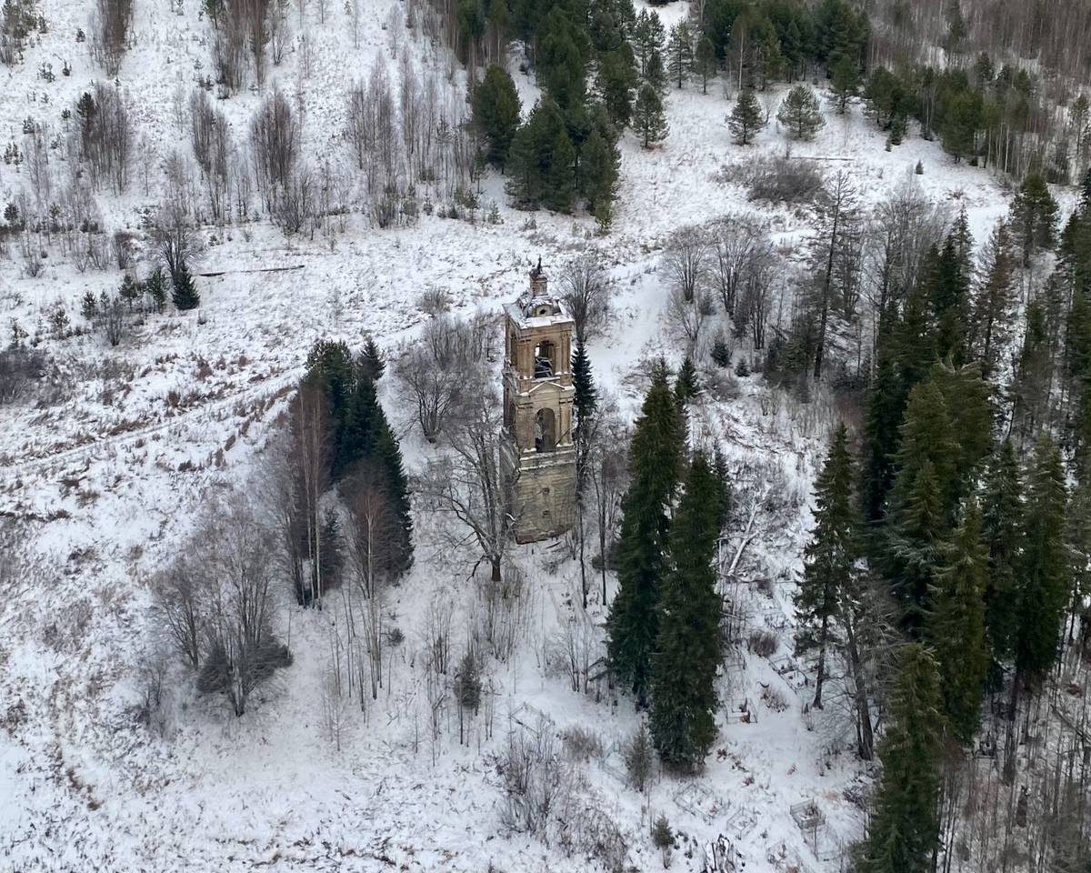 Вид с юга, общий вид в ландшафте. Церковь Казанской иконы Божией Матери, Теприново, урочище (Антроповский район, Костромская область)