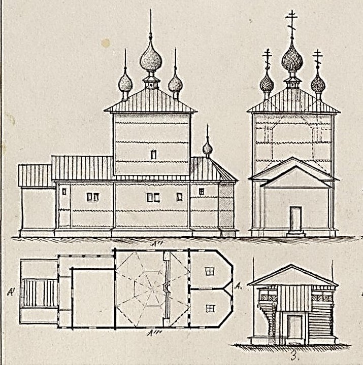 Церковь Сошествия Святого Духа, Ламская Пустынь (акватория Рыбинского водохранилища) (Весьегонский район, Тверская область). графика, Обмерный чертёж Виноградова А. Н. 1887 г. из фондов Музея при Российской академии художеств. (Табл. X. Музейный № А-5268)
