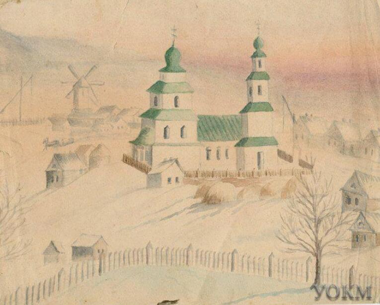 Церковь Николая Чудотворца, Большой Чилим, урочище (Сурский район, Ульяновская область). графика, Рисунок А.Н. Персияниновой (1898) из собрания Ульяновского областного краеведческого музея
