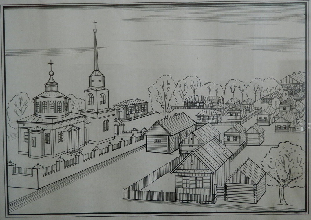 Церковь Афанасия и Кирилла, Патриархов Александрийских, Тюнино (Рогнединский район, Брянская область). графика, Рисунок с сайта Рогнединской районной библиотеки Rognedalib.ucoz.net