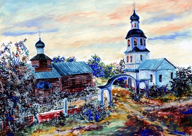 Церковь Троицы Живоначальной, Русский Ошняк (Рыбно-Слободский район, Республика Татарстан). графика, Троицкая церковь. Русский Ошняк. Начало XX века. Художник Владимир Бурайкин. 2018 год