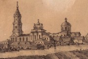 Борисовская Тихвинская пустынь. Церковь Преображения Господня, Церковь на переднем плане. Рисунок 1890-х годов<br>, Борисовка, Борисовский район, Белгородская область