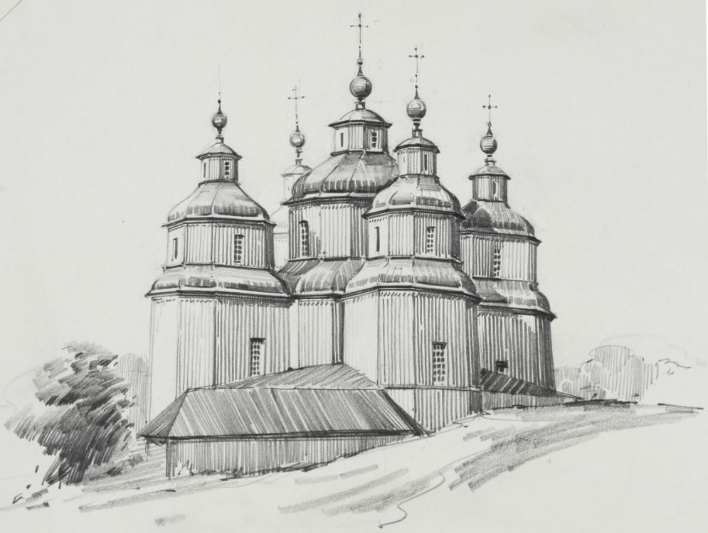 Собор Михаила Архангела, Зеньков (Полтавский район, Украина, Полтавская область). графика, Архангело-Михайловский собор, рисунок К. Сидорова.