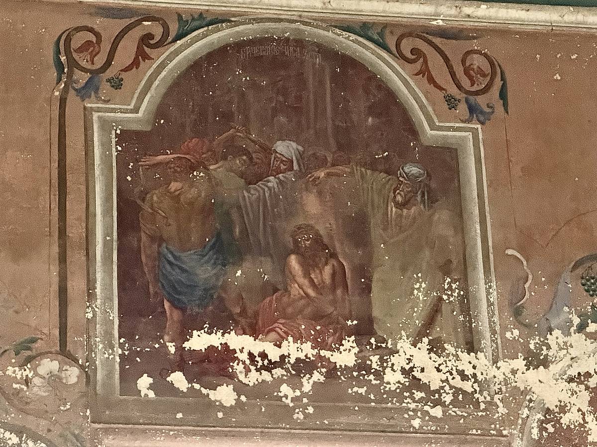 Фреска "Бичевание Иисуса Христа" на южной стене основного объема, интерьер и убранство. Церковь Покрова Пресвятой Богородицы, Насакино (Сусанинский район, Костромская область)