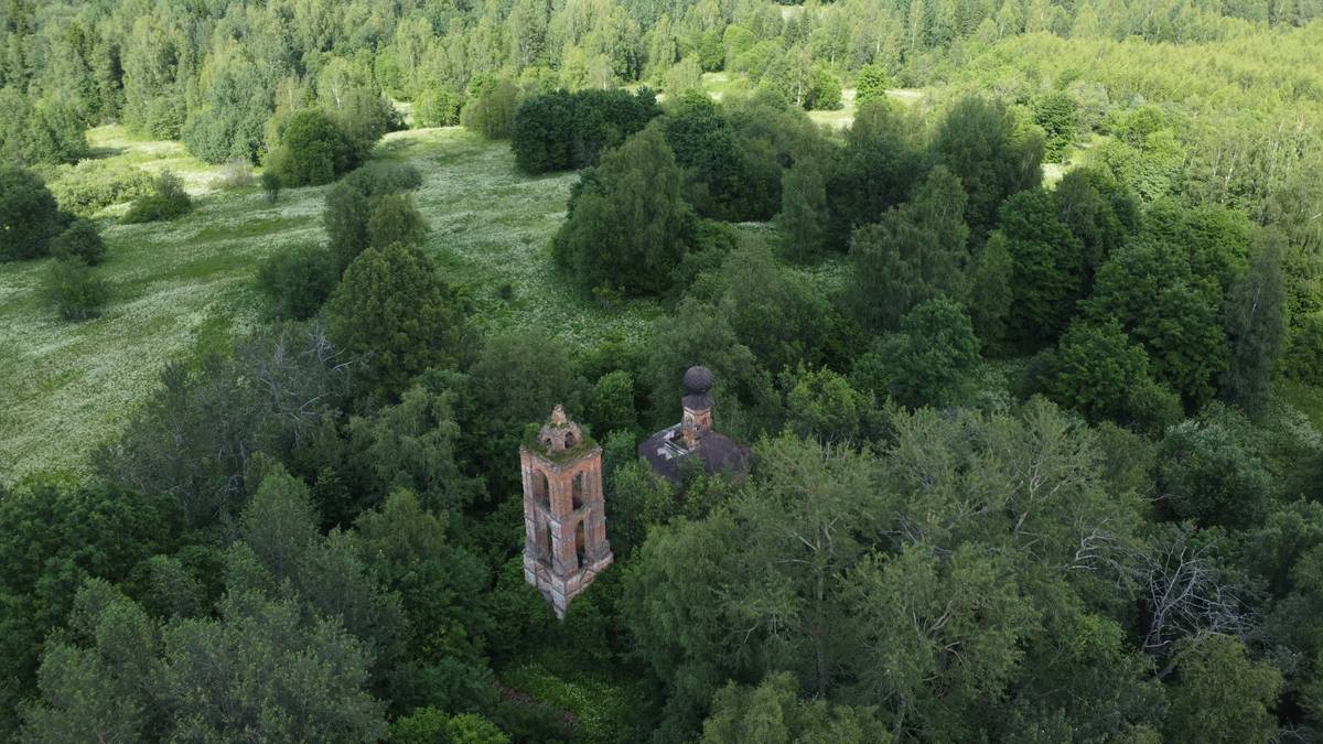 общий вид в ландшафте. Церковь Богоявления Господня, Мышкино (Сусанинский район, Костромская область)