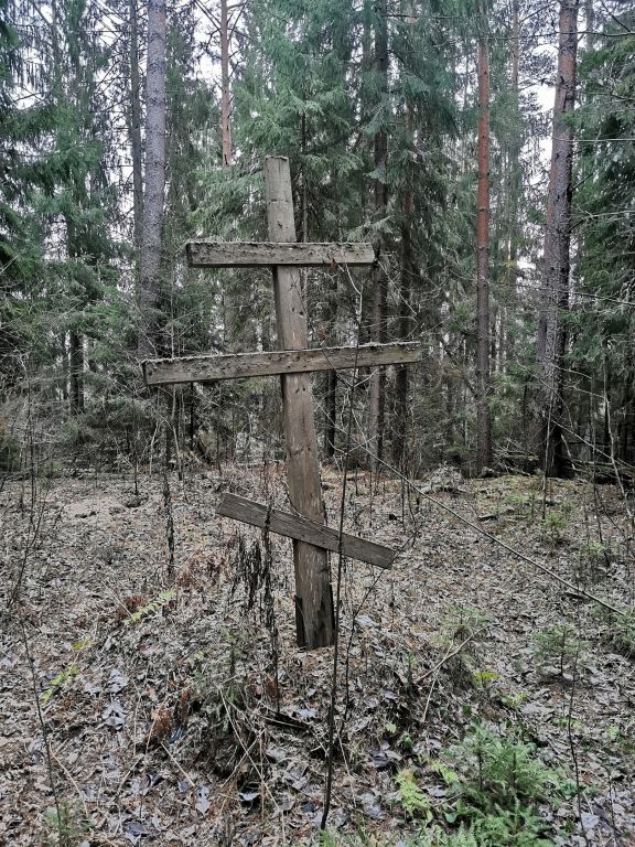 Церковь Алексия, человека Божия, Погост Сиглинский (Волховский район, Ленинградская область). общий вид в ландшафте, Крест установленный на месте церкви