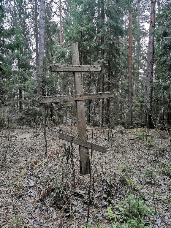 Погост Сиглинский. Церковь Алексия, человека Божия. общий вид в ландшафте, Крест установленный на месте церкви