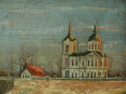 Церковь Преображения Господня, Единственное изображение храма. Холст, масло, 1900-е годы. Частное собрание<br>, Доворец, Солецкий район, Новгородская область