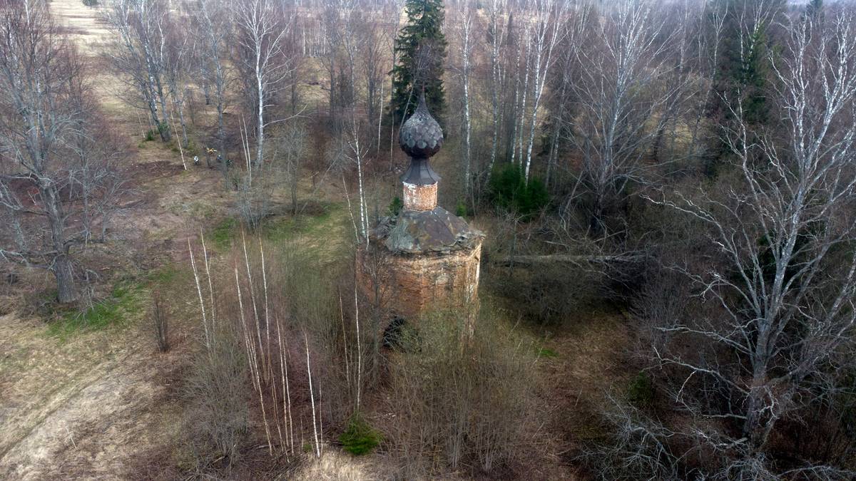 общий вид в ландшафте. Церковь Рождества Пресвятой Богородицы, Пуминово, урочище (Судиславский район, Костромская область)