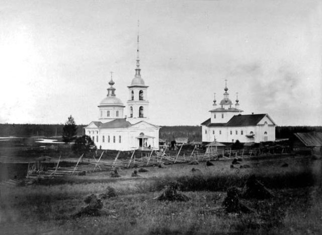 Храмовый комплекс. Церкви Рождества Христова и Успения Пресвятой Богородицы, Бадожский Погост (Вытегорский район, Вологодская область). архивная фотография, фото 1865г. ц.а.к.ф.д.сп-б  каменный храм был разобран в 30е г.