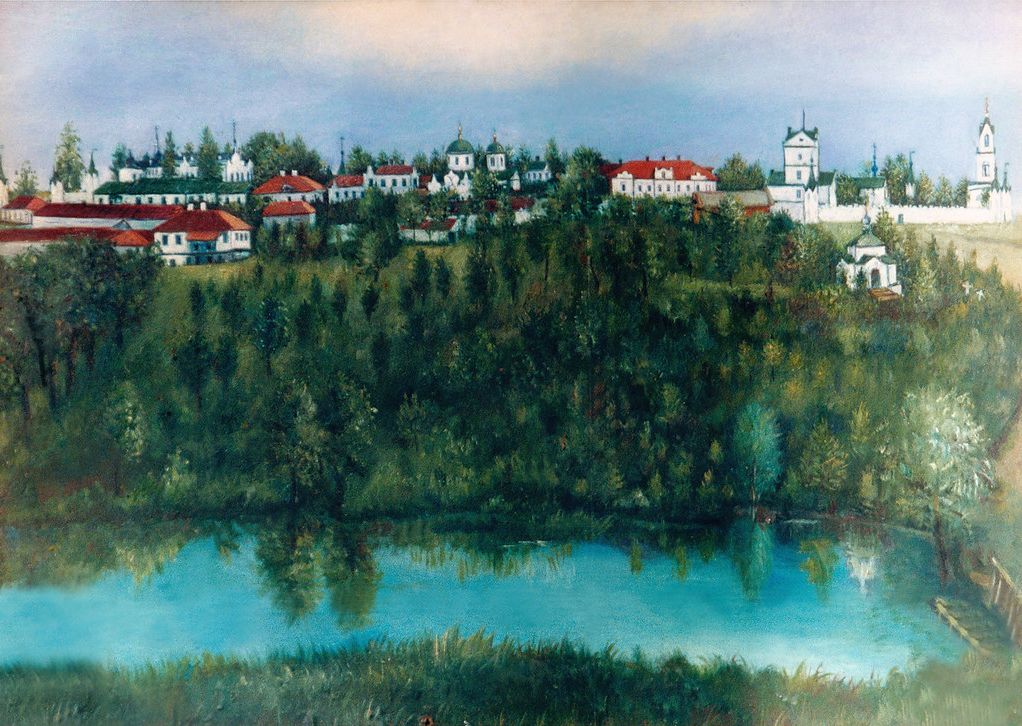 Верхо-Харьковский  Николаевский  монастырь, Стрелечья (Харьковский район, Украина, Харьковская область). архивная фотография, Общий вид Верхо-Харьковского Николаевского монастыря. На переднем плане справа, вне монастырской ограды - кладбищенский храм во имя Преподобной Эмилии (1865 г.п.)