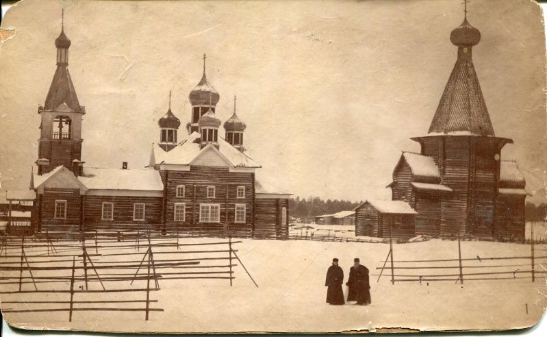 Храмовый комплекс. Церкви Рождества Пресвятой Богородицы и Рождества Христова, Вонга (Пинежский район, Архангельская область). архивная фотография, Фото нач. ХХ в. из фондов Орловского краеведческого музея. (ГК №26317203)