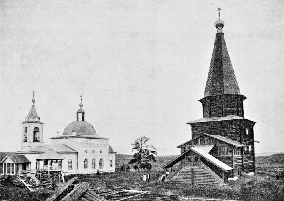 Церковь Георгия Победоносца, Поцкий погост (Тарногский район, Вологодская область). архивная фотография, Храмы Поцкого погоста: Ильинский (слева) и Георгиевский Фото с сайта https://vologda-mitropolia.ru/news/prodolzhaetsja-sbor-sredstv-na-vosstanovlenie-pockogo-ilinskogo-hrama/