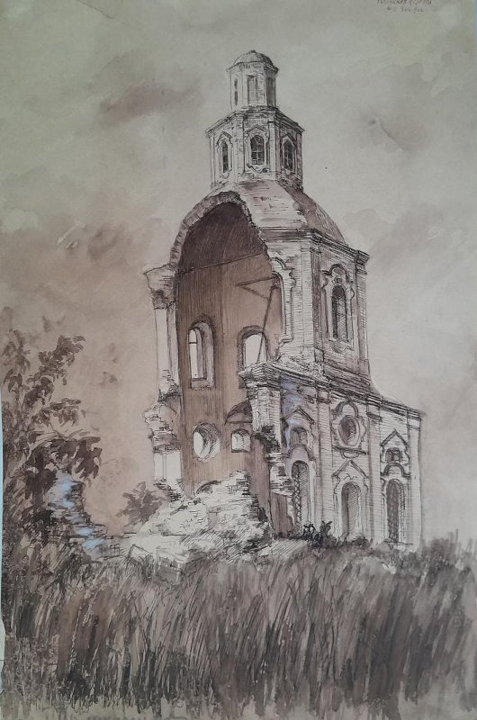 Церковь Успения Пресвятой Богородицы, Заборье (Торопецкий район, Тверская область). архивная фотография, Рисунок Поликанина. ГНИМА им Щусева