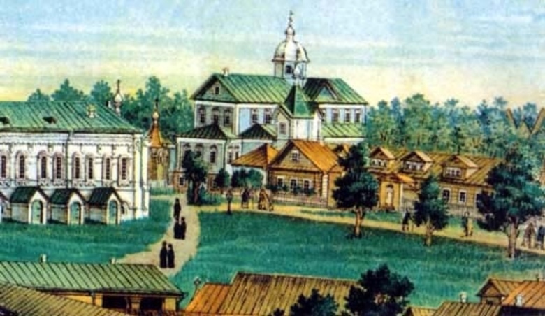Серафимо-Дивеевский Троицкий монастырь. Церковь Тихвинской иконы Божией Матери, Дивеево (Дивеевский район, Нижегородская область). архивная фотография, Фрагмент литографии Серафимо-Дивеева Монастыря Нижегородской губернии. Июля 10 дня 1904 года
