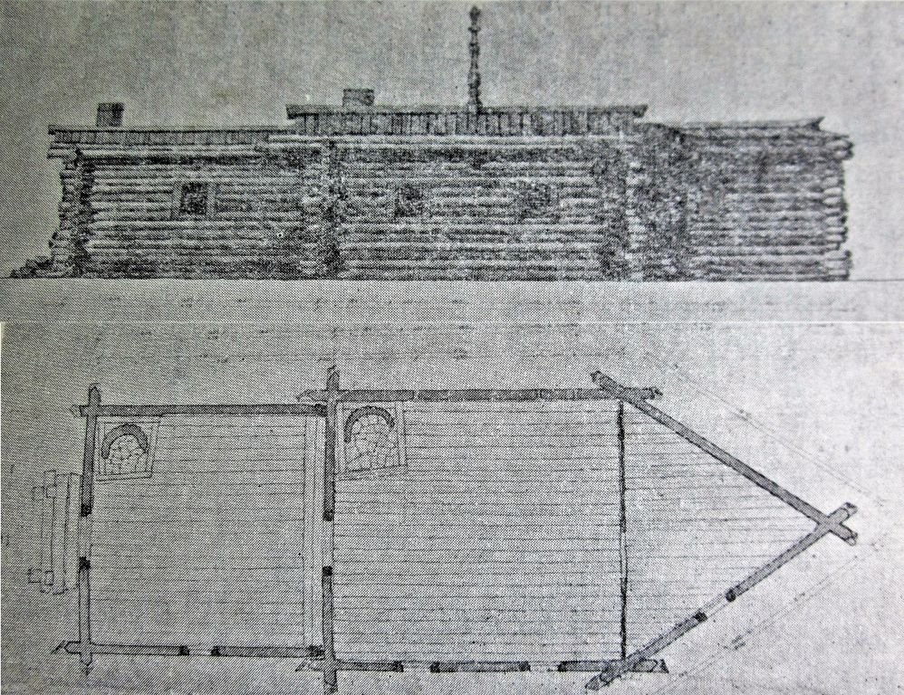 Ойусардах. Неизвестная церковь в этнографическом музее имени Е. С. Лаптева. графика, Южный фасад и план храма. Чертёж А.В. Ополовникова из книги А.В. и Е.А. Ополовниковы. Деревянное зодчество Якутии. Якутск, 1983 г.