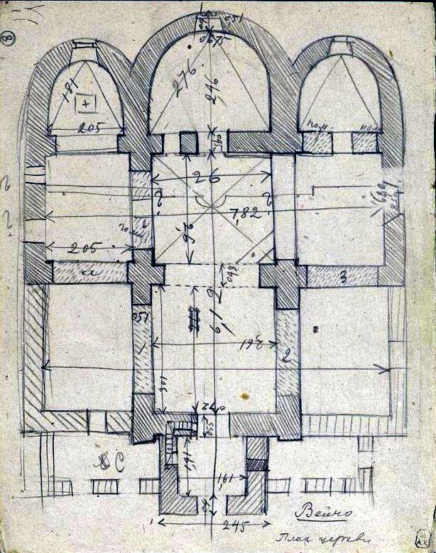 Церковь Воскресения Словущего, Вейно (Гдовский район, Псковская область). графика, План. Кроки обмера церкви в селе Вейно  Аплаксина А. П. начала XX в. из фондов Музея при Российской академии художеств. (ГК №41112423)