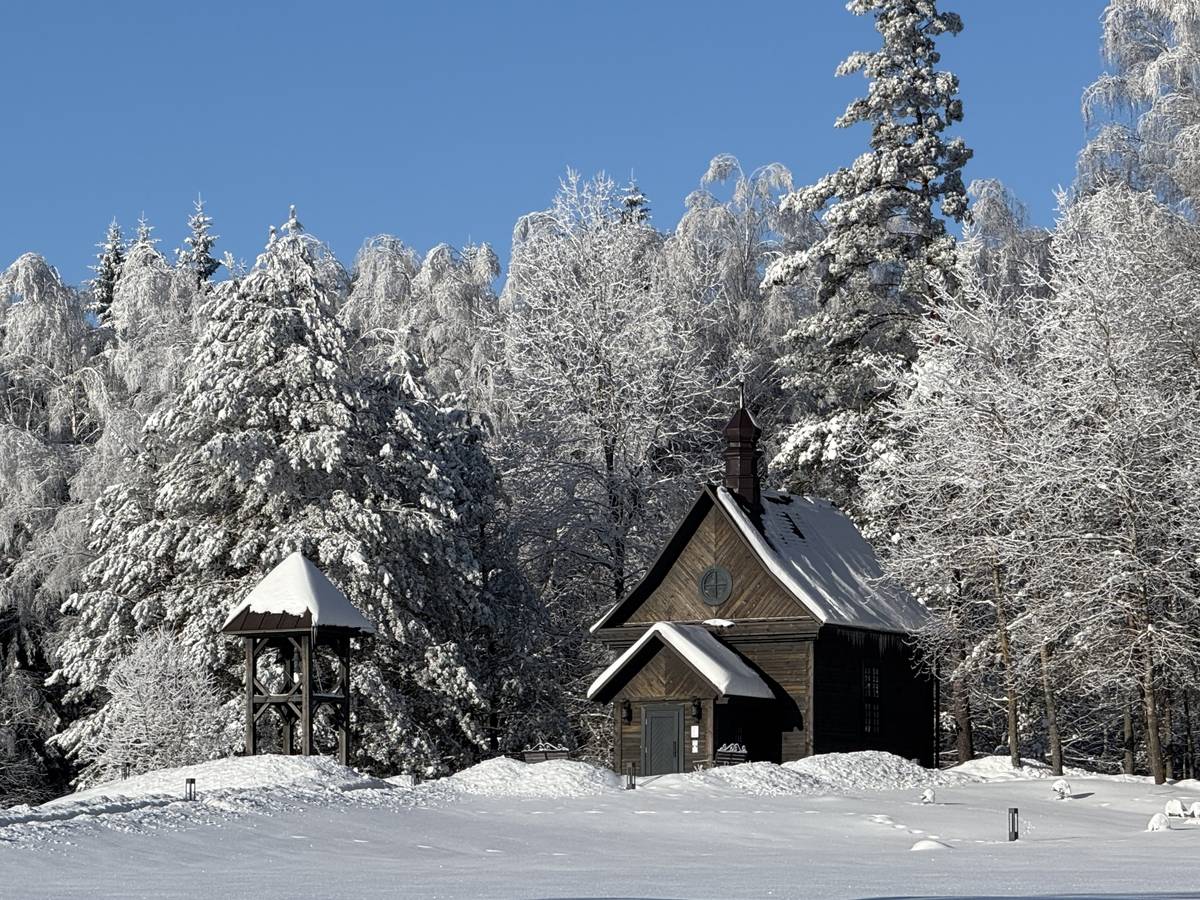 Вид с юго-запада, общий вид в ландшафте. Церковь Рождества Пресвятой Богородицы, Хатынь (Логойский район, Беларусь, Минская область)