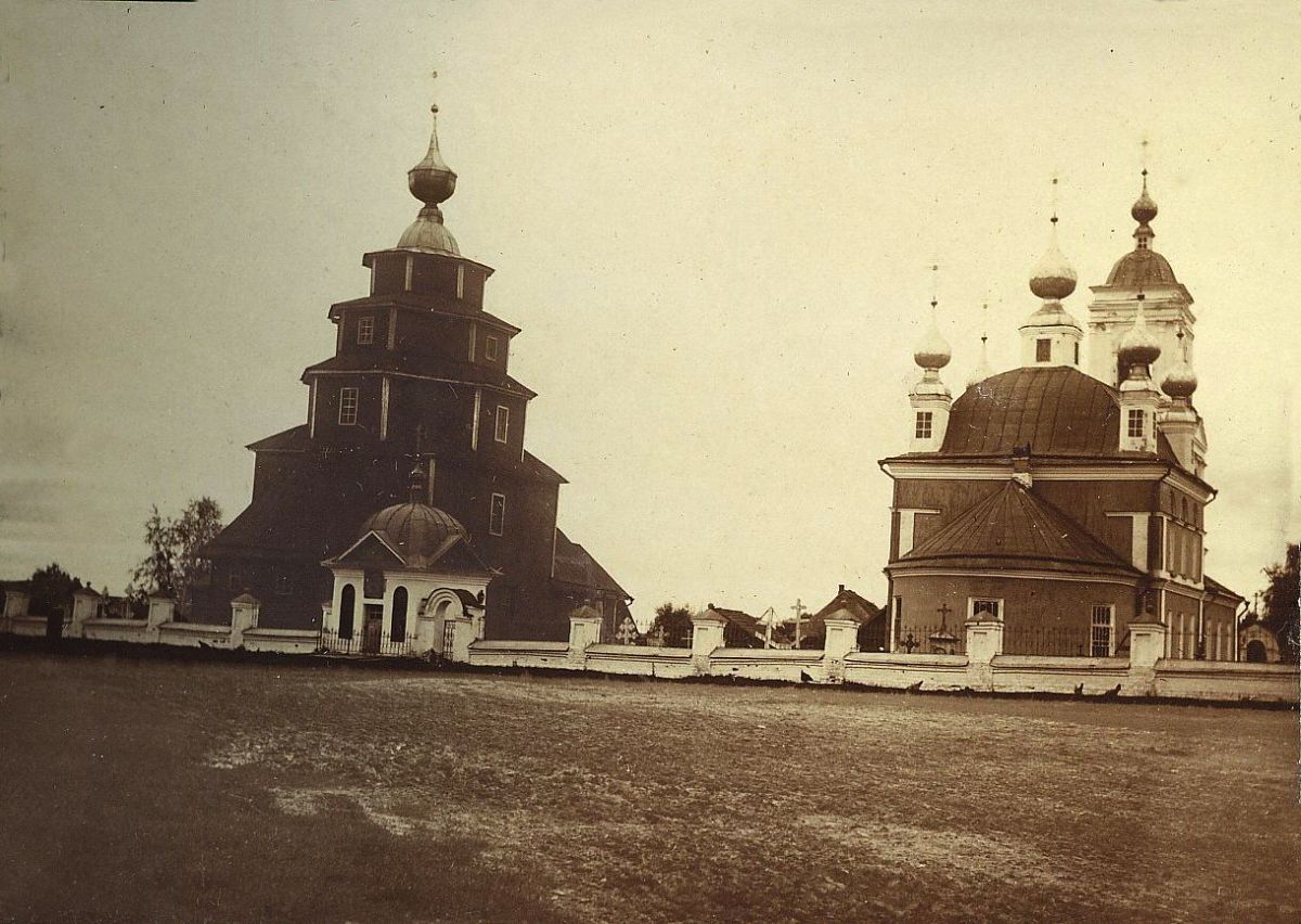 Храмовый комплекс. Церкви Троицы Живоначальной и Успения Пресвятой Богородицы, Черкасово (акватория Рыбинского водохранилища) (Брейтовский район, Ярославская область). архивная фотография, Почтовая фотооткрытка 1900-х годов
