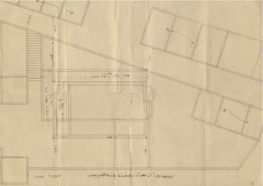 Церковь Пантелеимона Целителя, Джунда (Москониси) (Балыкесир, Турция). графика, План местности 1895 г. - показано наложение плана прежнего церковного здания (северо-восточный угол примыкает к дороге) и проектируемого (на 2,5 метра южнее)