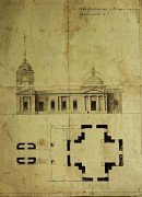 Церковь Воскресения Словущего, План и фасад, графика 1832 г. Госкаталог № 43028673 (раздел "Графика"). Государственный исторический музей"<br>, Воскресенское, Раменский район и гг. Бронницы, Жуковский, Московская область