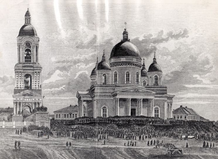 Храмовый комплекс. Соборы Введения во храм Пресвятой Богородицы и Троицы Живоначальной, Боровичи (Боровичский район, Новгородская область). графика, Литография