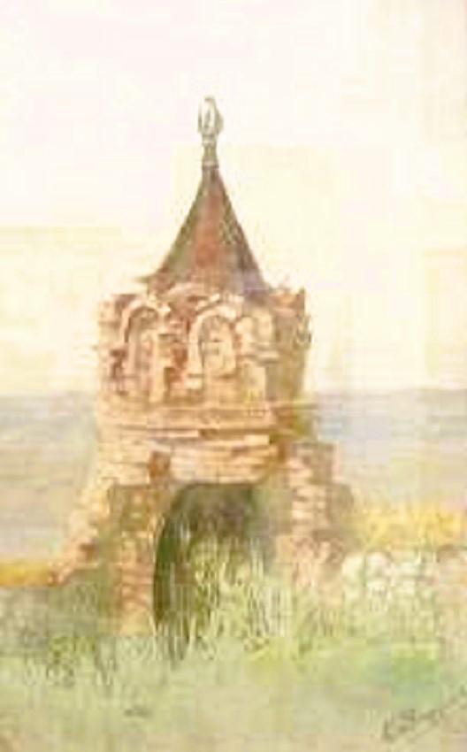 Церковь Троицы Живоначальной, Афанасьевская (Долговицкое) (Тарногский район, Вологодская область). графика, Угловая башня Долговицкого погоста. Рисунок Вахрушова Ф.М. 1920-е гг. из книги Пьянковой Н.С. Исчезающие храмы Тарноги.